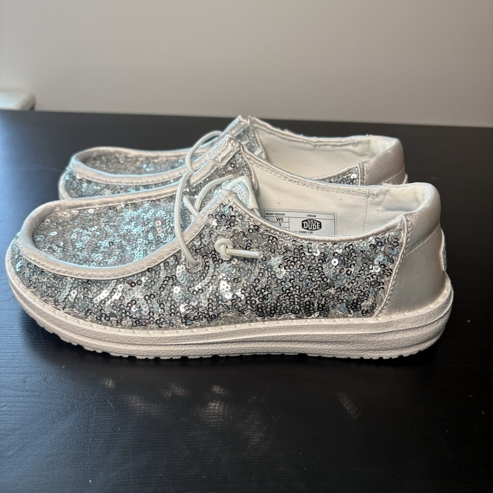 Hey Dude Wendy Sequin Cream Silver Slip-On Women's Comfort Shoes Size 5